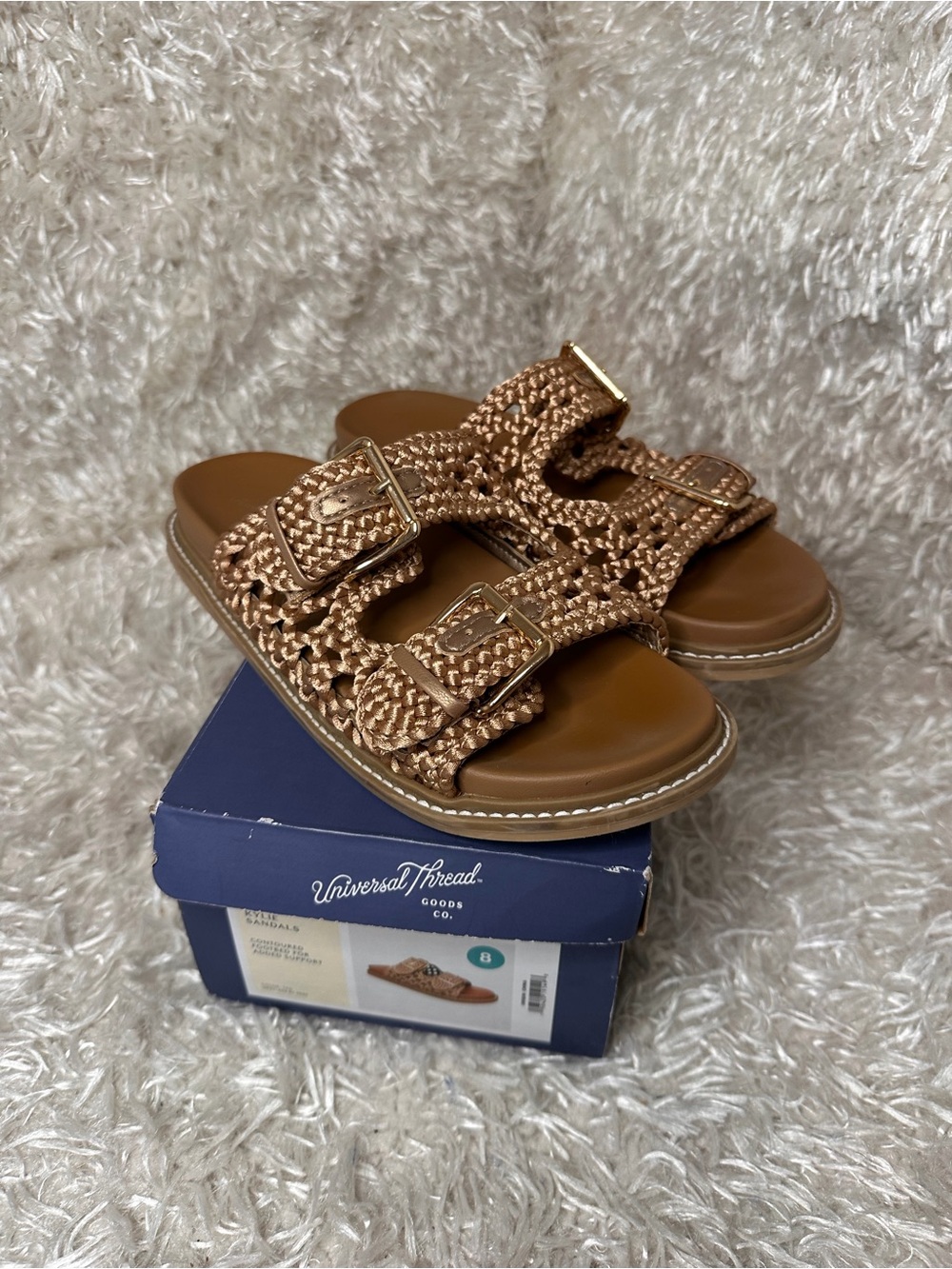 Universal Thread Tan Braided Double-Buckle Slide Sandals Women's Size 8